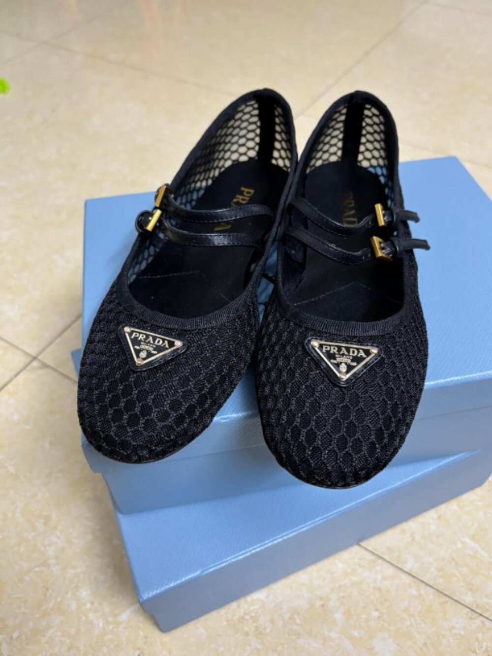 New Prada Mesh Mary Jane Flats with Triangle Logo - Black / Size 39